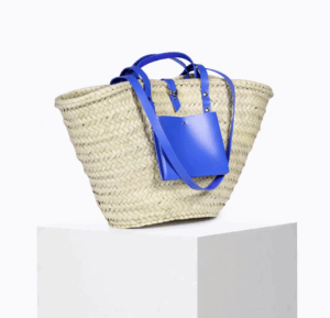 Handwoven Digital Blue Basket made from Doum palm leaves and Electric Blue Leather – stylish summer tote.