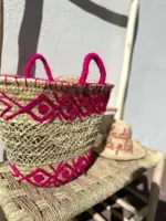 Embroidered Palm Fiber Basket – Handwoven Moroccan Tote with Wool Embroidery