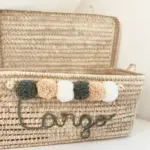Personalized Moroccan Chest with Tassels – Handwoven Palm Leaf Storage Trunk in Sage, Ecru & Nude (60cm & 80cm)
