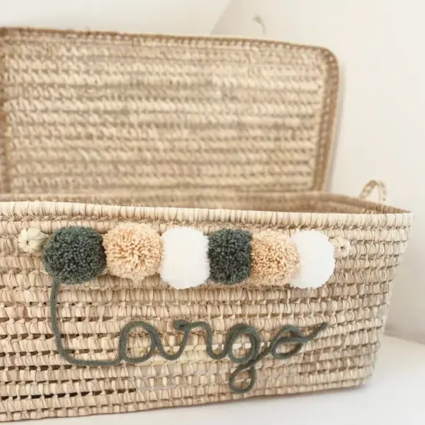 Personalized Moroccan Chest with Tassels – Handwoven Palm Leaf Storage Trunk in Sage, Ecru & Nude (60cm & 80cm)