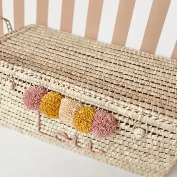Personalized Moroccan Chest with Multicolor Tassels – Handwoven Palm Leaf Storage Trunk