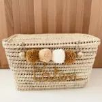 Personalized Moroccan Chest with Tassels – Handwoven Palm Leaf Storage Trunk in Ecru, Camel & Nude