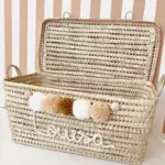 Personalized Moroccan Chest with Tassels – Handwoven Palm Leaf Storage Trunk in Ecru, Camel & Nude