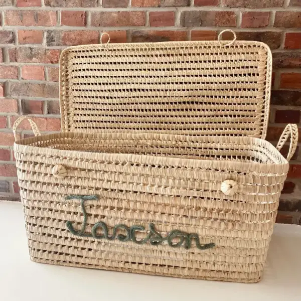 Custom Moroccan Chest – Handwoven Palm Leaf Storage Trunk in Green (60cm & 80cm)