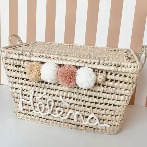 Personalized Moroccan Chest with Tassels – Handwoven Palm Leaf Trunk in Old Pink, Ecru & Nude (60cm & 80cm)
