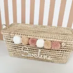 Personalized Moroccan Chest with Tassels – Handwoven Palm Leaf Trunk in Old Pink, Ecru & Nude (60cm & 80cm)