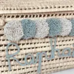 Personalized Palm Leaf Chest with Tassels – Handwoven Moroccan Storage Trunk (Beige & Celadon)