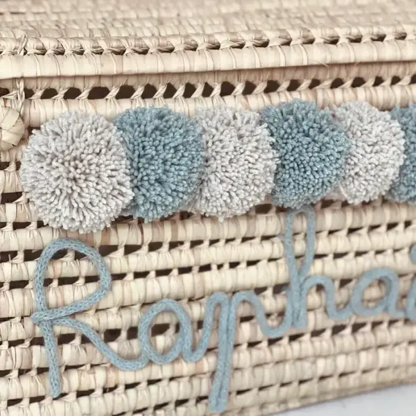 Personalized Palm Leaf Chest with Tassels – Handwoven Moroccan Storage Trunk (Beige & Celadon)