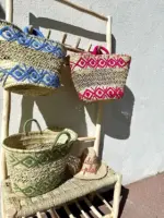 Embroidered Palm Fiber Basket – Handwoven Moroccan Tote with Wool Embroidery