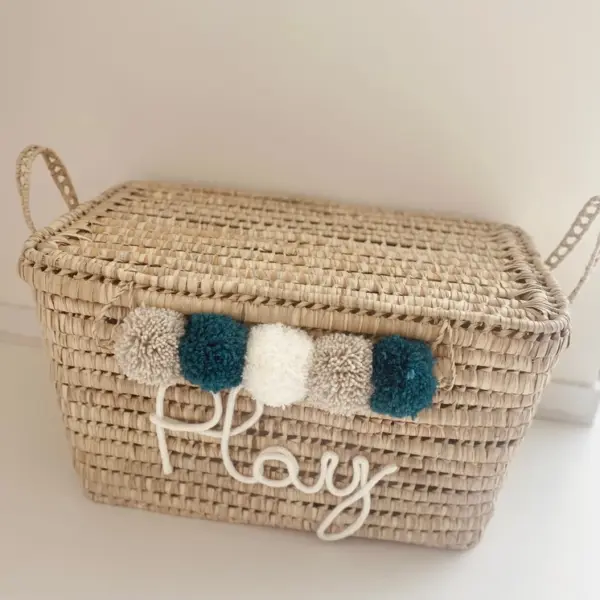 Personalized Moroccan Chest with Tassels – Handwoven Palm Leaf Storage Trunk in Beige & Celadon