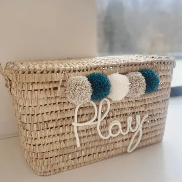 Personalized Moroccan Chest with Tassels – Handwoven Palm Leaf Storage Trunk in Beige & Celadon