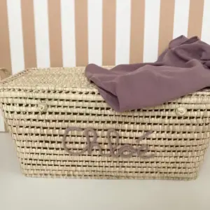 Custom Moroccan Chest – Handwoven Palm Leaf Storage Trunk with Personalized Name