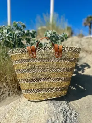 Sequin Basket – Handwoven Doum Palm Fiber Tote with Leather Handles & Drawstring Closure