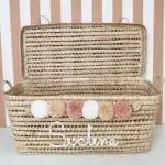 Personalized Moroccan Chest with Tassels – Handwoven Palm Leaf Trunk in Old Pink, Ecru & Nude (60cm & 80cm)