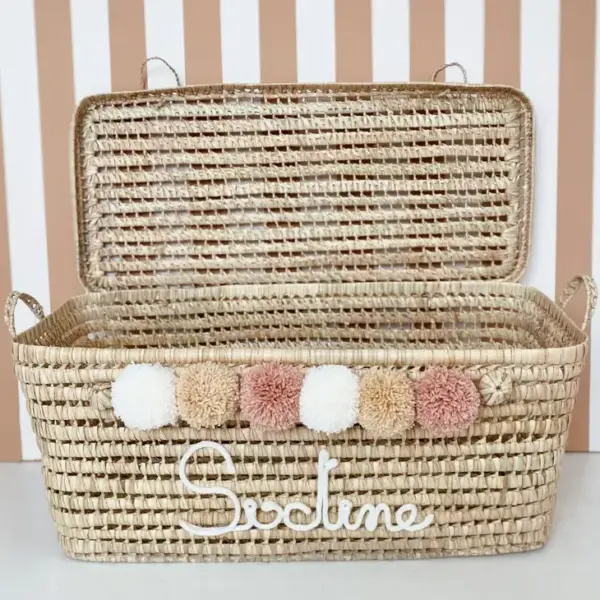 Personalized Moroccan Chest with Tassels – Handwoven Palm Leaf Trunk in Old Pink, Ecru & Nude (60cm & 80cm)