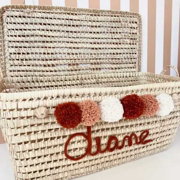 Personalized Palm Leaf Chest with Tassels – Handwoven Moroccan Storage Trunk