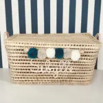 Personalized Moroccan Chest with Tassels – Handwoven Palm Leaf Storage Trunk in Beige & Celadon