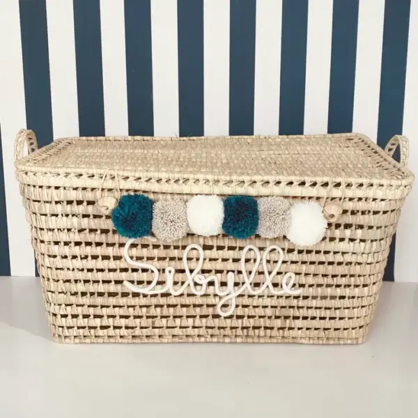 Personalized Moroccan Chest with Tassels – Handwoven Palm Leaf Storage Trunk in Beige & Celadon