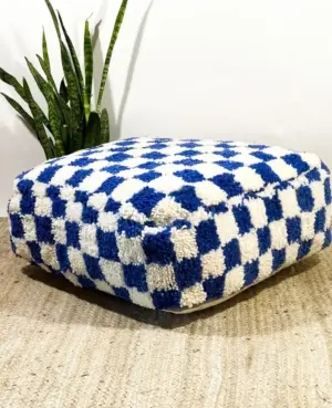 Custom Checkered Moroccan Floor Cushion – Handmade Berber Pouf | Upcycled Beni Ourain