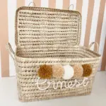 Personalized Moroccan Chest with Tassels – Handwoven Palm Leaf Storage Trunk in Ecru, Camel & Nude