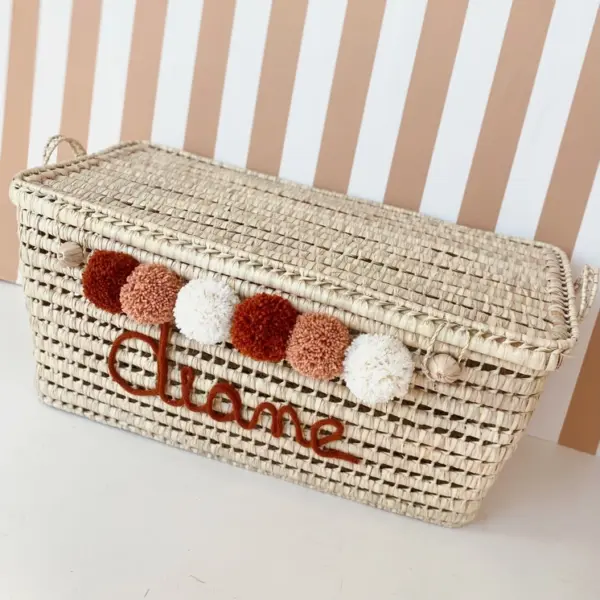 Personalized Palm Leaf Chest with Tassels – Handwoven Moroccan Storage Trunk