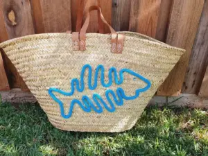 XL Turquoise Basket – Handwoven Palm Tote with Leather Handles & Embroidery