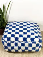 Custom Checkered Moroccan Floor Cushion – Handmade Berber Pouf | Upcycled Beni Ourain