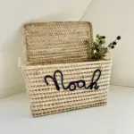 Personalized Moroccan Chest – Handwoven Palm Leaf Storage Trunk in Night Black (60cm & 80cm)