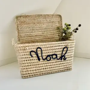 Personalized Moroccan Chest – Handwoven Palm Leaf Storage Trunk in Night Black (60cm & 80cm)