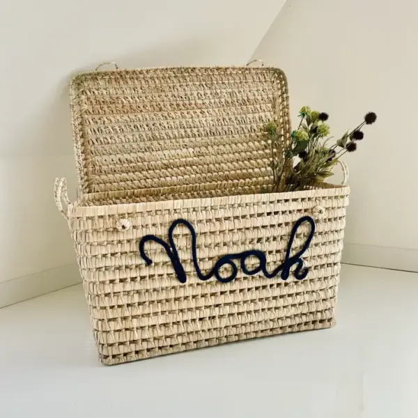 Personalized Moroccan Chest – Handwoven Palm Leaf Storage Trunk in Night Black (60cm & 80cm)