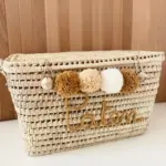 Personalized Moroccan Chest with Tassels – Handwoven Palm Leaf Storage Trunk in Ecru, Camel & Nude