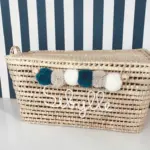 Personalized Moroccan Chest with Tassels – Handwoven Palm Leaf Storage Trunk in Beige & Celadon