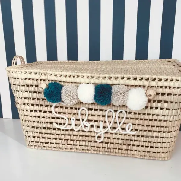 Personalized Moroccan Chest with Tassels – Handwoven Palm Leaf Storage Trunk in Beige & Celadon