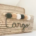 Personalized Moroccan Chest with Tassels – Handwoven Palm Leaf Storage Trunk in Sage, Ecru & Nude (60cm & 80cm)