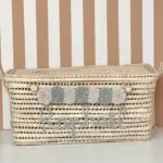 Personalized Palm Leaf Chest with Tassels – Handwoven Moroccan Storage Trunk (Beige & Celadon)