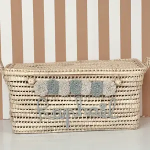 Personalized Palm Leaf Chest with Tassels – Handwoven Moroccan Storage Trunk (Beige & Celadon)