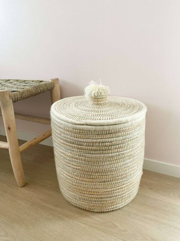Berber Basket with Pom-Poms – Handwoven Moroccan Storage Basket (40x40x42 cm)