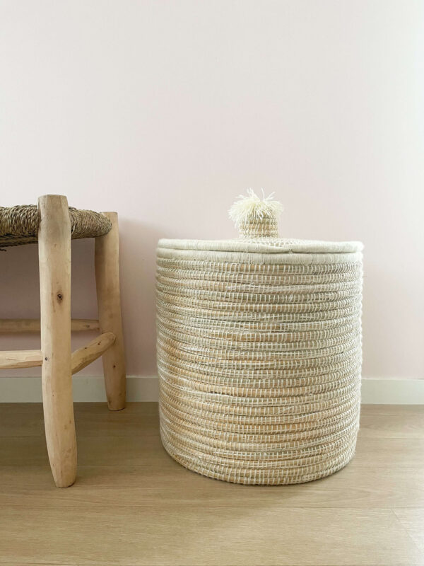 Berber Basket with Pom-Poms – Handwoven Moroccan Storage Basket (40x40x42 cm)