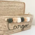 Personalized Moroccan Chest with Tassels – Handwoven Palm Leaf Storage Trunk in Sage, Ecru & Nude (60cm & 80cm)