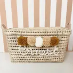 Personalized Moroccan Chest with Tassels – Handwoven Palm Leaf Storage Trunk in Ecru, Camel & Nude