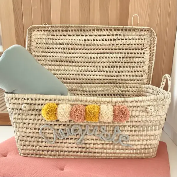 Personalized Moroccan Chest with Multicolor Tassels – Handwoven Palm Leaf Storage Trunk