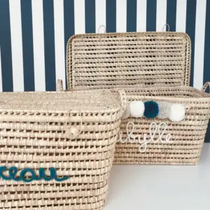 Personalized Moroccan Chest with Tassels – Handwoven Palm Leaf Storage Trunk in Beige & Celadon