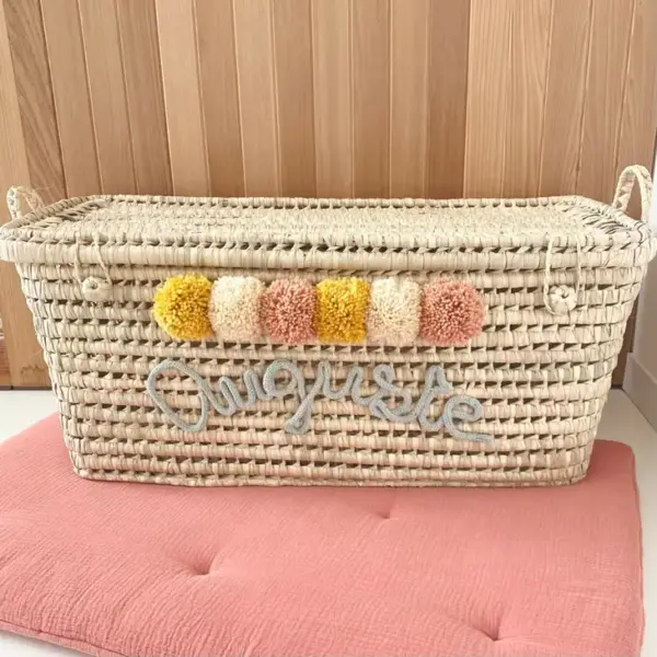 Personalized Moroccan Chest with Multicolor Tassels – Handwoven Palm Leaf Storage Trunk
