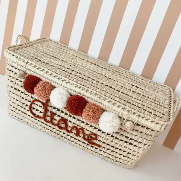 Personalized Palm Leaf Chest with Tassels – Handwoven Moroccan Storage Trunk