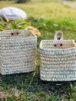 Duo of Woven Palm Fiber Baskets | Handmade Moroccan Wall Storage