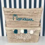 Personalized Moroccan Chest with Tassels – Handwoven Palm Leaf Storage Trunk in Beige & Celadon