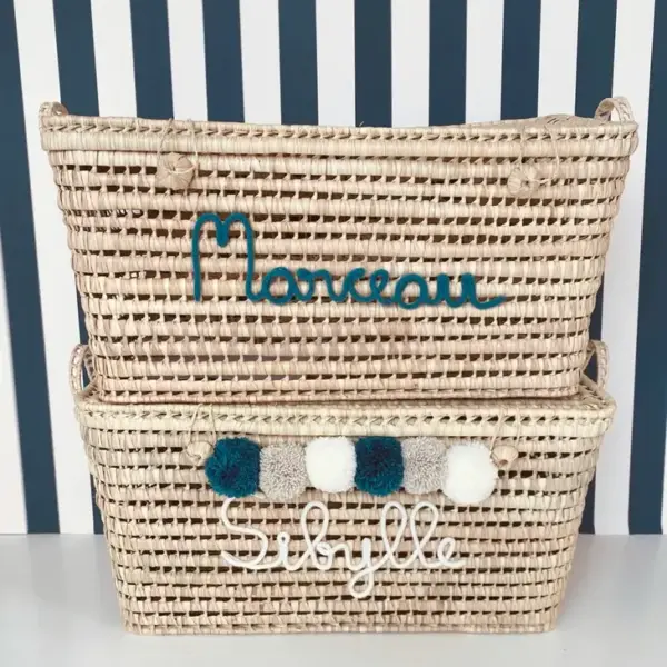 Personalized Moroccan Chest with Tassels – Handwoven Palm Leaf Storage Trunk in Beige & Celadon