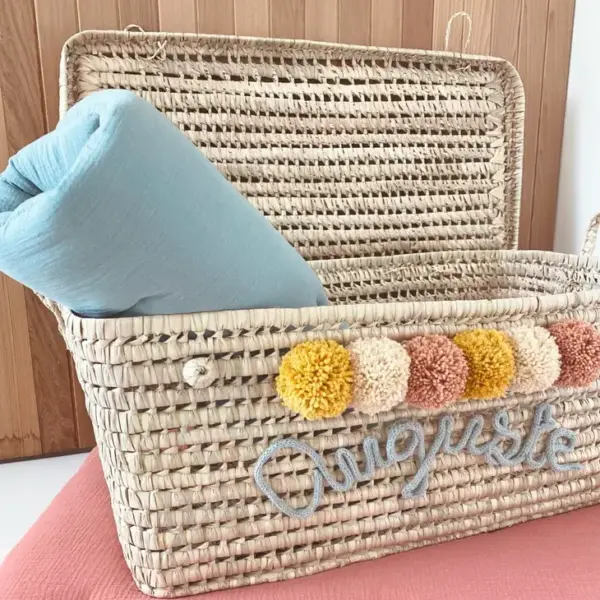 Personalized Moroccan Chest with Multicolor Tassels – Handwoven Palm Leaf Storage Trunk