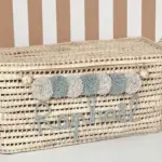 Personalized Palm Leaf Chest with Tassels – Handwoven Moroccan Storage Trunk (Beige & Celadon)