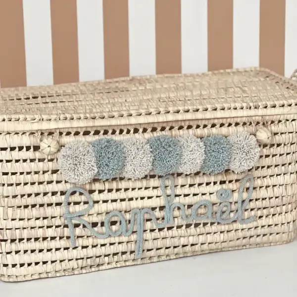 Personalized Palm Leaf Chest with Tassels – Handwoven Moroccan Storage Trunk (Beige & Celadon)